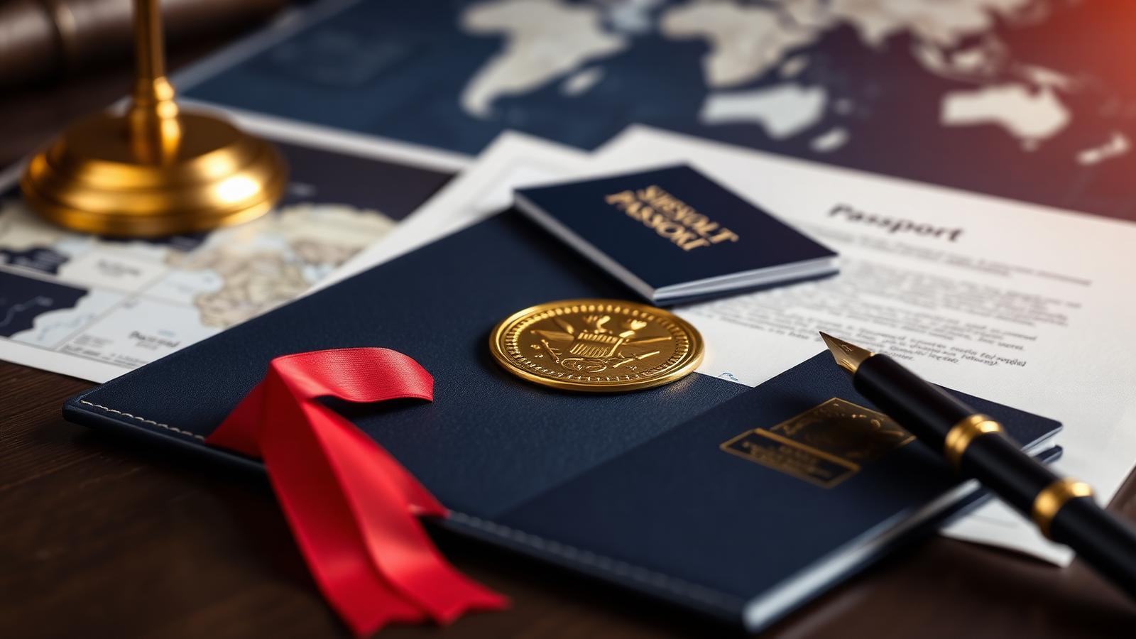 Apostilled international document with a gold seal, passport, and world map